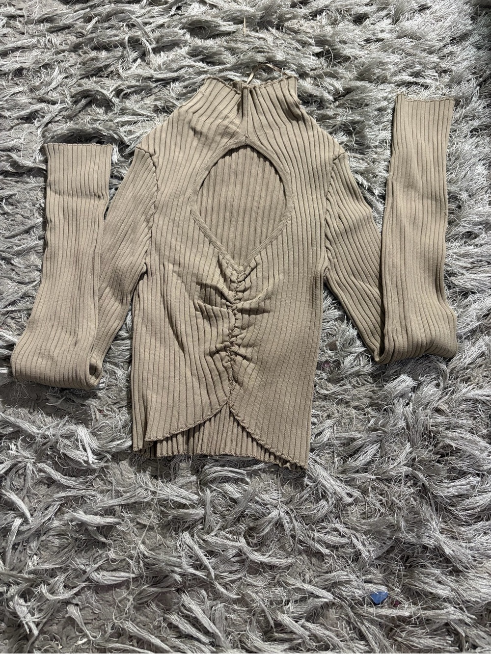 Zara Taupe Ribbed Long Sleeve Top with Front Cutout and Ruched Detail